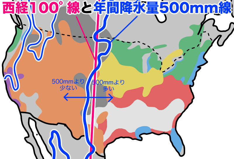 西経100°と降水量500ミリ