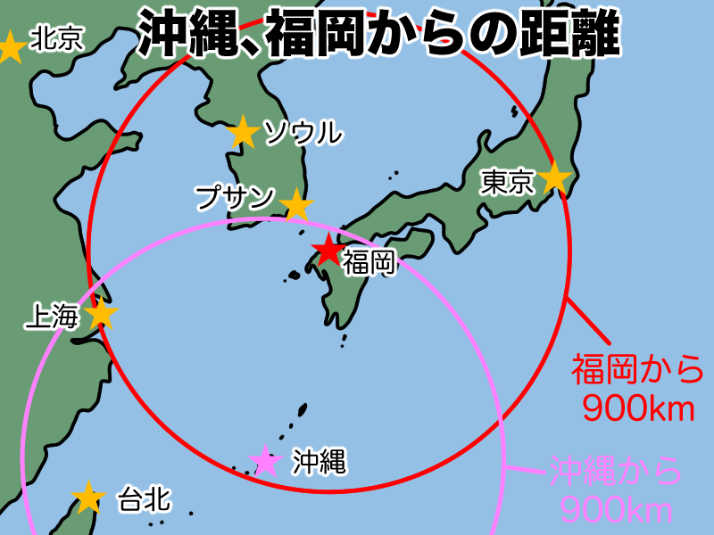 沖縄、福岡からの距離