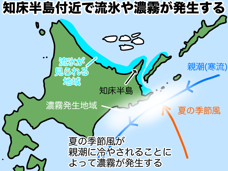 知床半島付近で流氷や濃霧が発生する