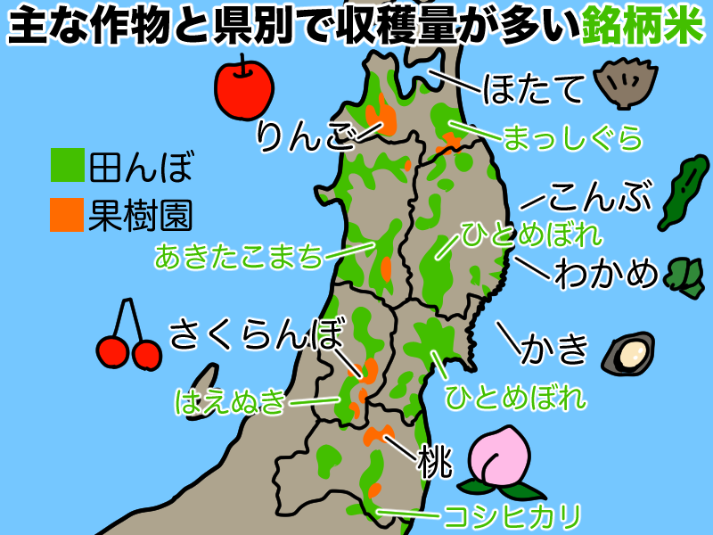 東北地方の主な作物と県別で最も収穫量の多い銘柄米