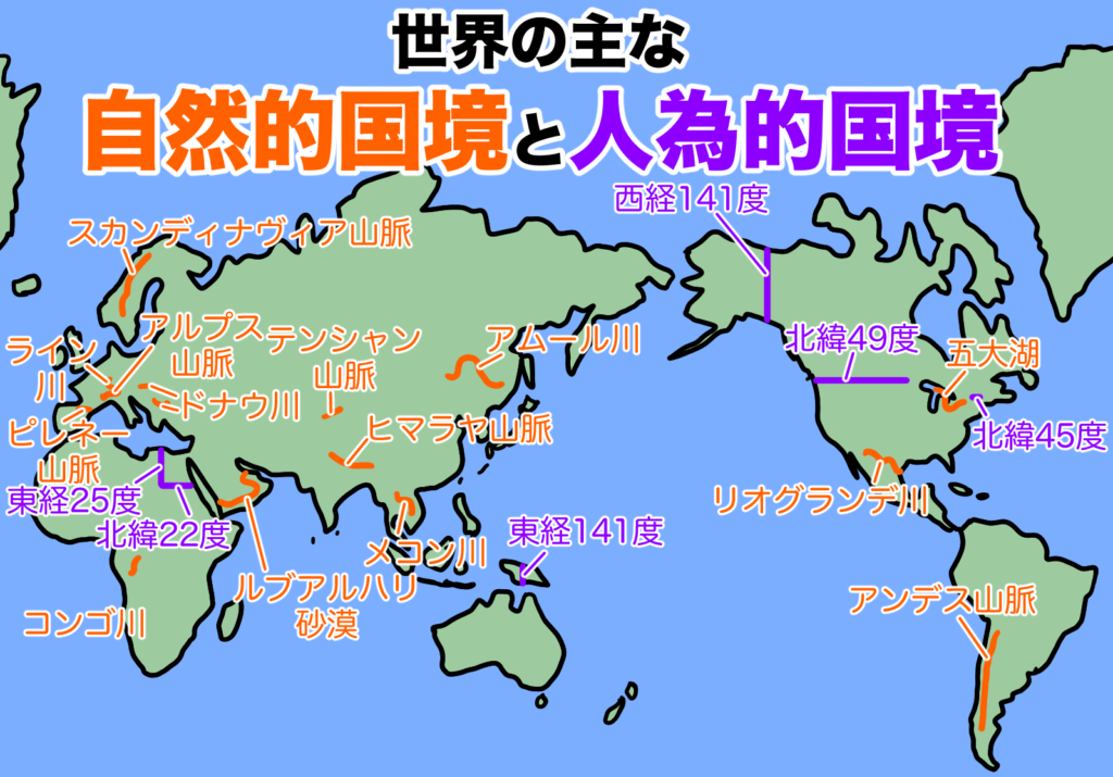 世界の主な自然的国境と人為的国境